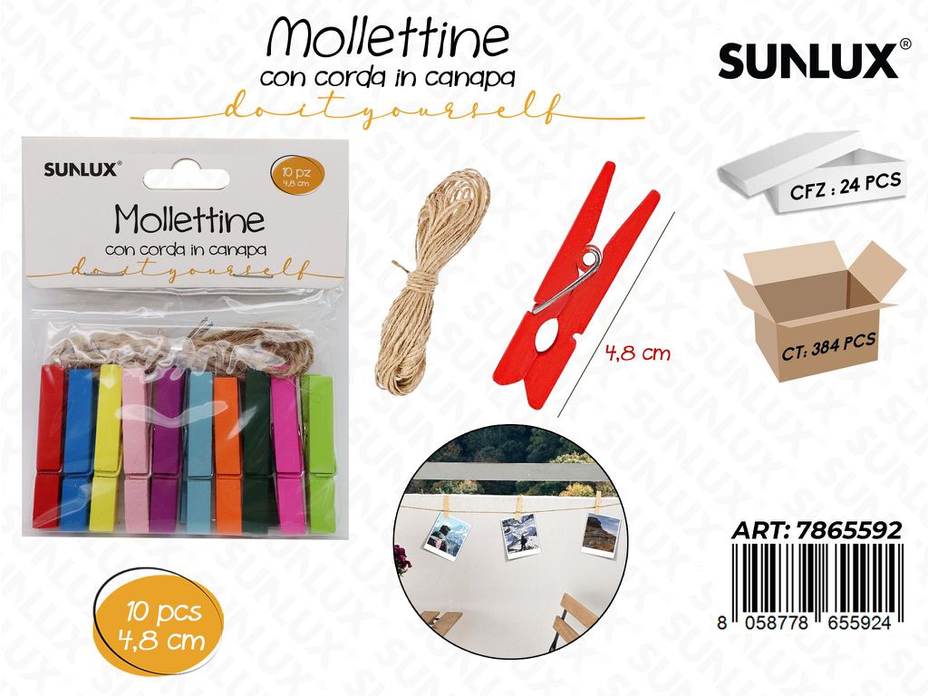 Mollettine Legno Col. c/ Corda Canapa 10PCS 4.8CM