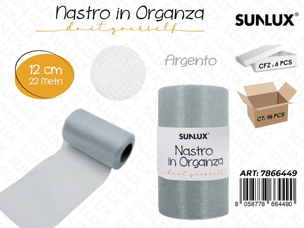 Sunlux Nastro in Organza Argento 12CM*22MT / Pz da 6