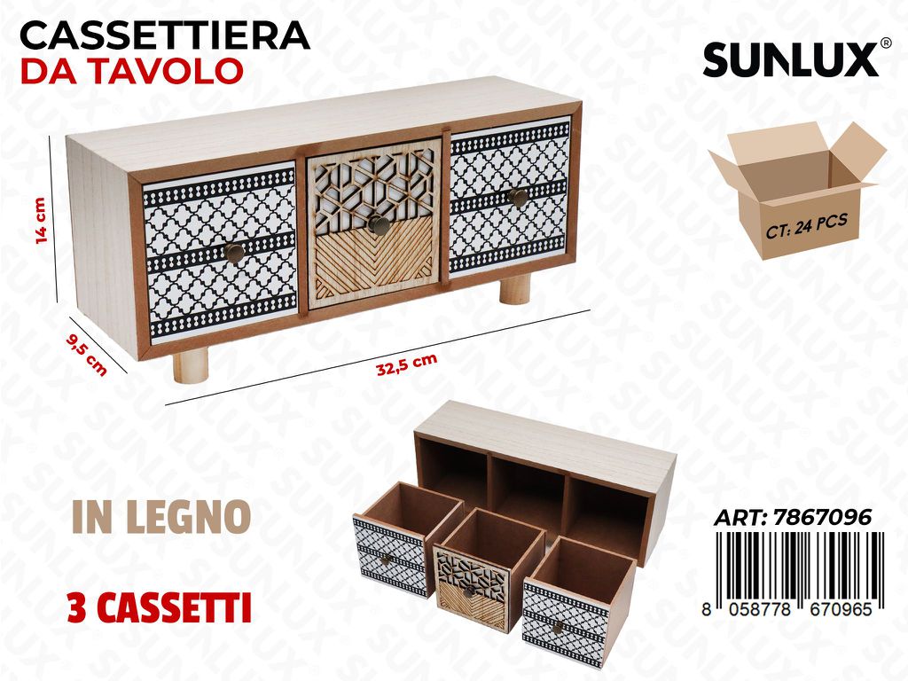 Sunlux Cassettiera in Legno 3CASS. 32.5*14*9.5CM