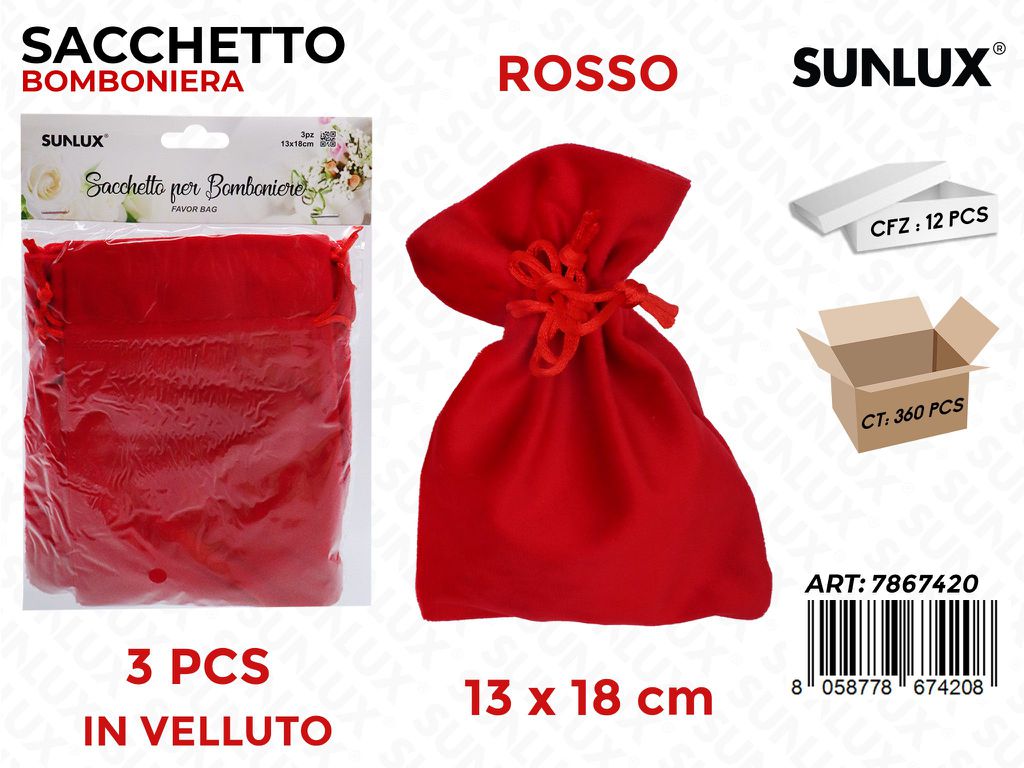 Sunlux Sacchetto Bomb. Vell. Rosso 3PCS 13*18CM