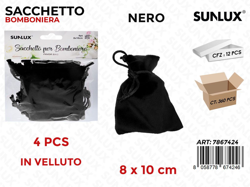Sunlux Sacchetto Bomb. Vell. Nero 4PCS 8*10CM