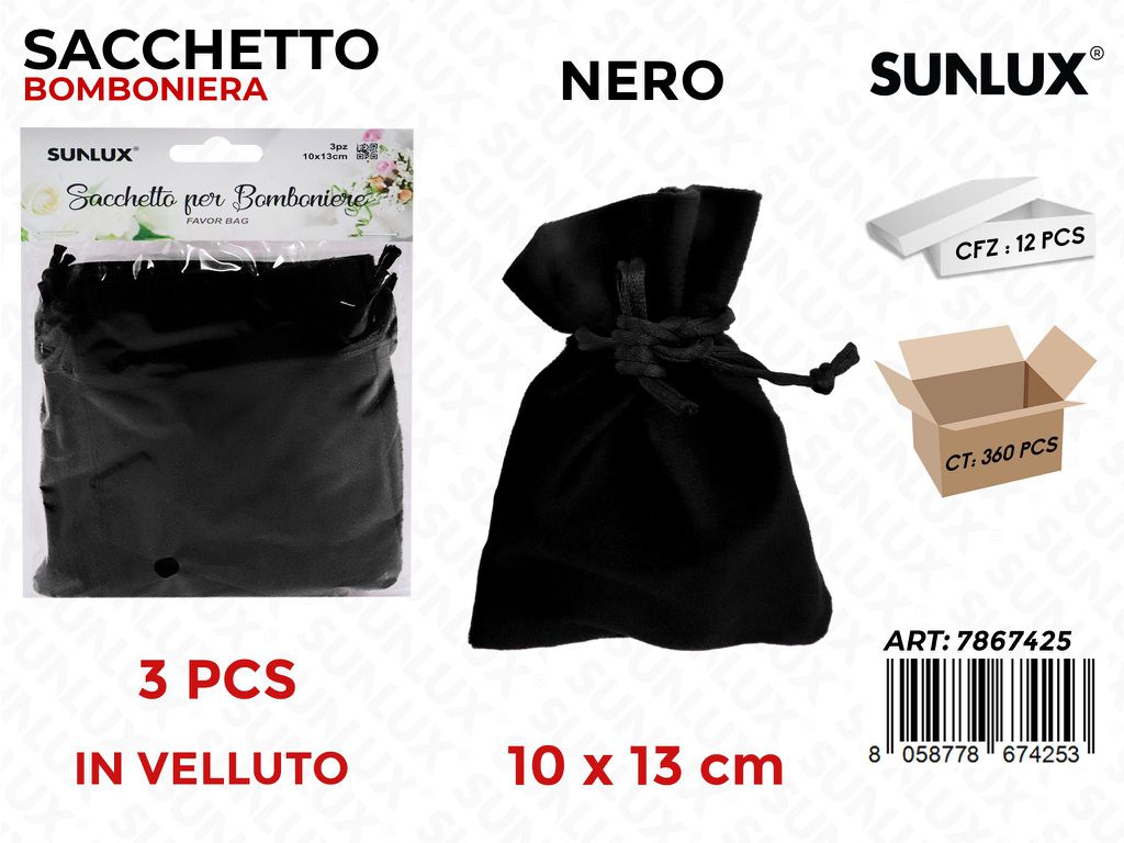 Sunlux Sacchetto Bomb. Vell. Nero 3PCS 10*13CM