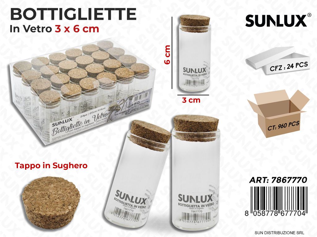 Bottigliette in Vetro c/Tappo Sughero 3*6CM