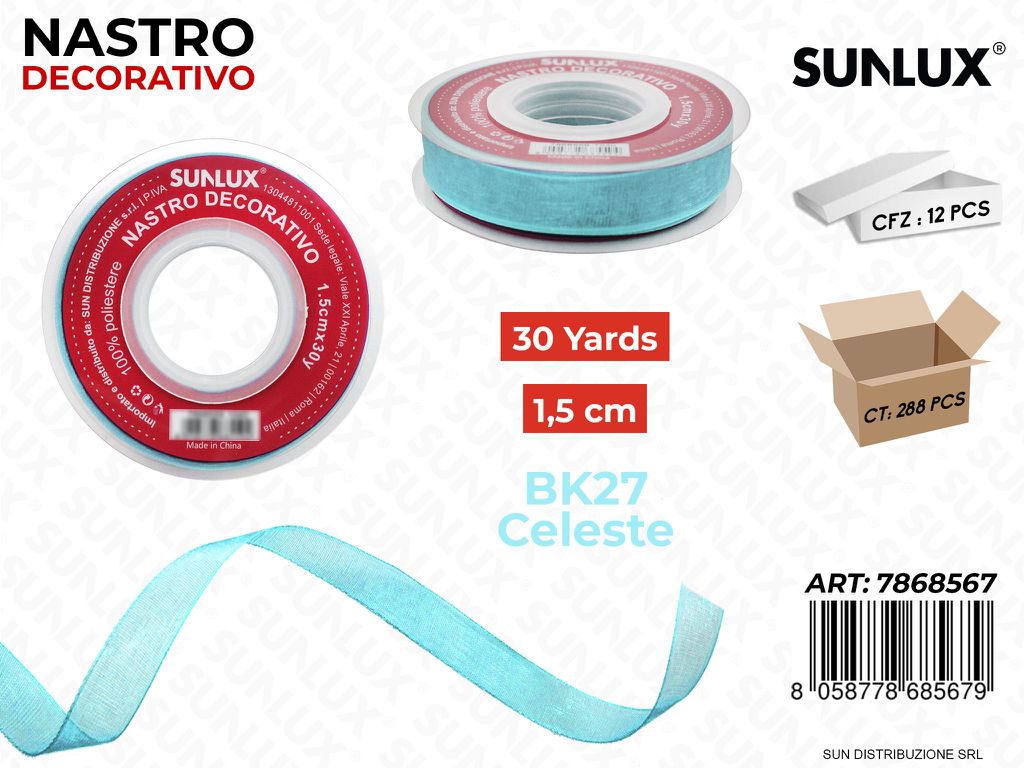 Nastro Decorativo Org. BK27 Celeste 30Y*1.5CM