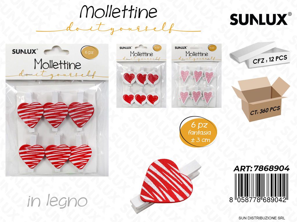Mollettine in Legno Cuori Ass. 3CM 6PCS