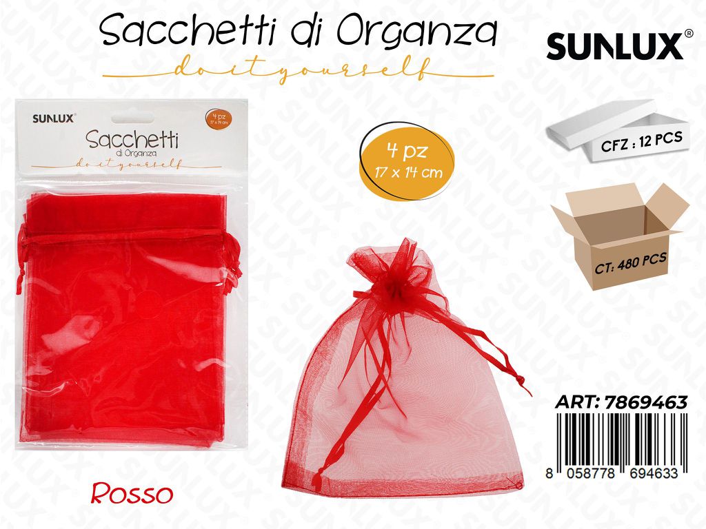 Sunlux Sacchetto in Organza Rosso 4PCS 14*17CM