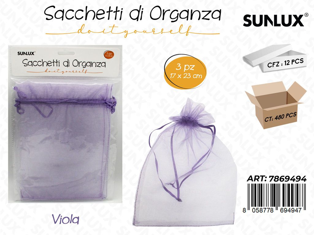 Sunlux Sacchetto in Organza Viola 3PCS 17*23CM