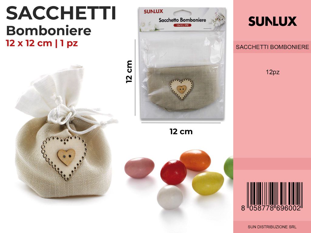 Sacchetto Bomboniere c/ Cuore in Legno 12*12CM