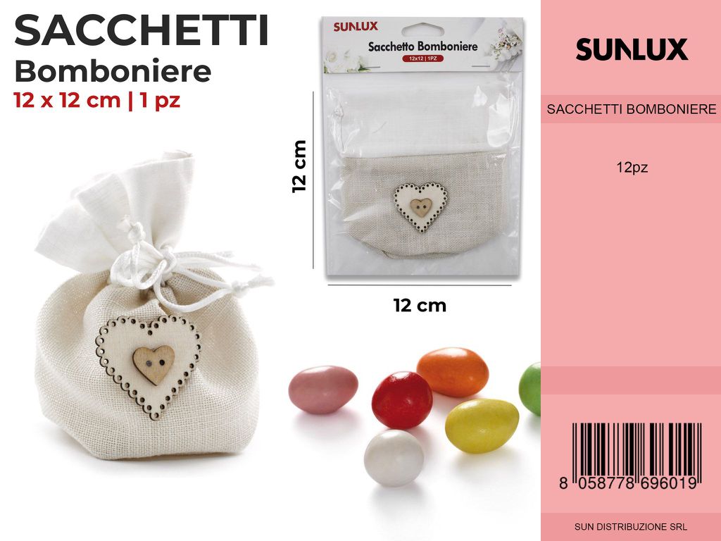 Sacchetto Bomboniere c/ Cuore in Legno 12*12CM