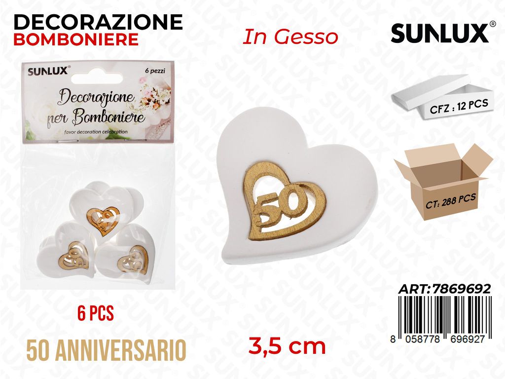 Sunlux Dec. Bomb 50ANNI Matrimonio Gesso 6 Pcs 3.5CM