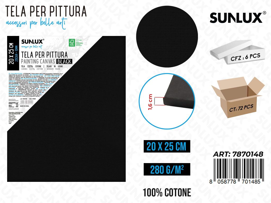Sunlux Tela per Pittura Nero 20*25CM 280G