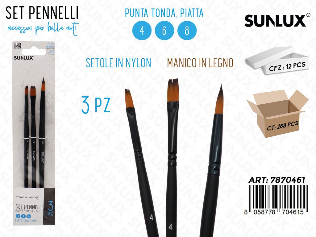 Sunlux Set Pennelli 3PCS 4-6-8 P. Tonda-piatta