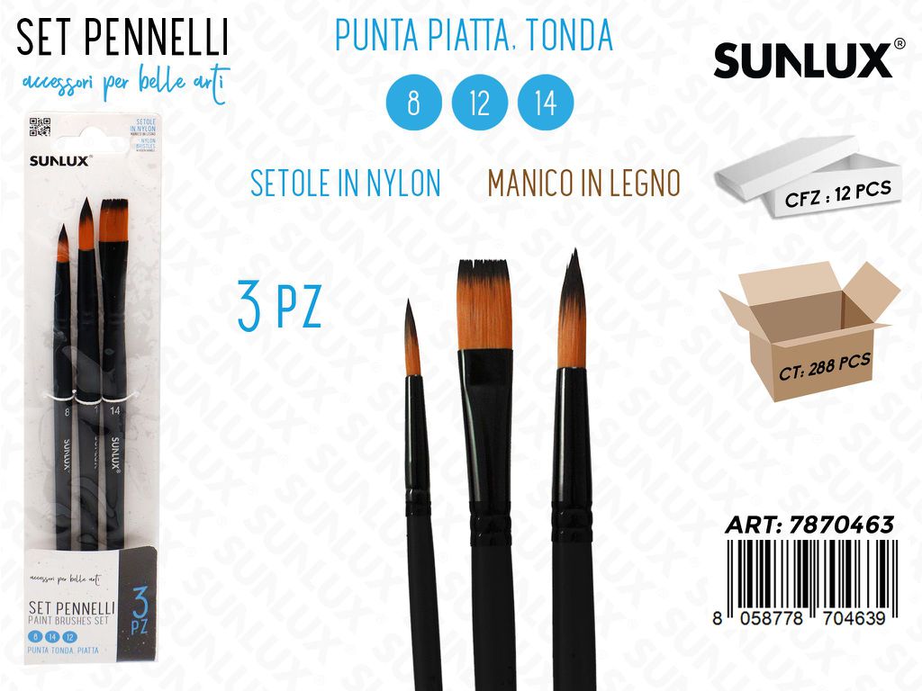 Sunlux Set Pennelli 3PCS 8-12-14 P. Tonda-piatta