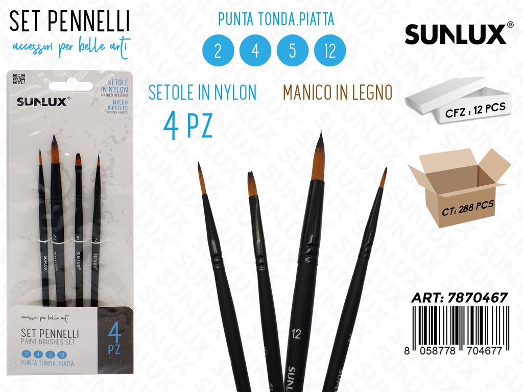 Sunlux Set Pennelli 4PCS 2-4-5-12 P. Tonda-piatta