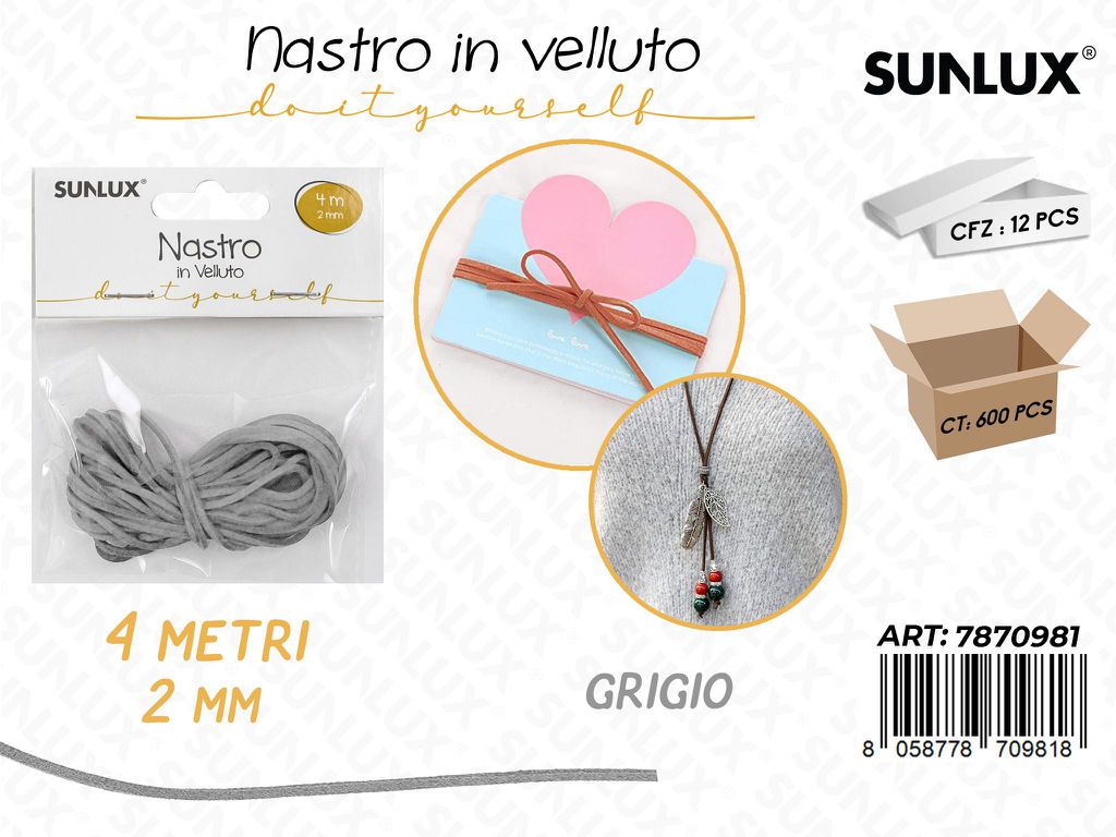 Sunlux Nastro in Velluto Grigio 2MM*4MT