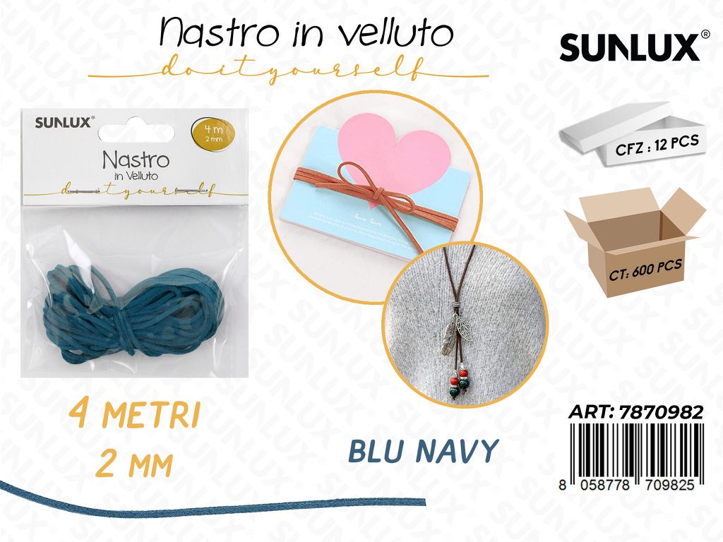 Sunlux Nastro in Velluto Blu Navy 2MM*4MT