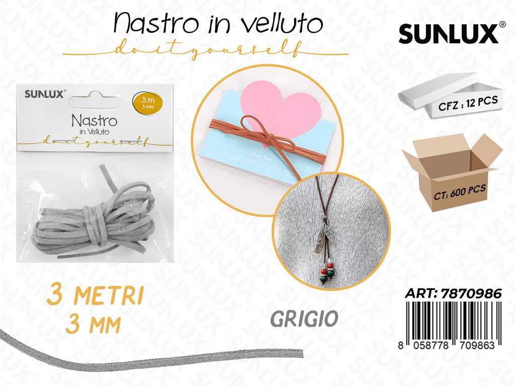 Sunlux Nastro in Velluto Grigio 3MM*3MT