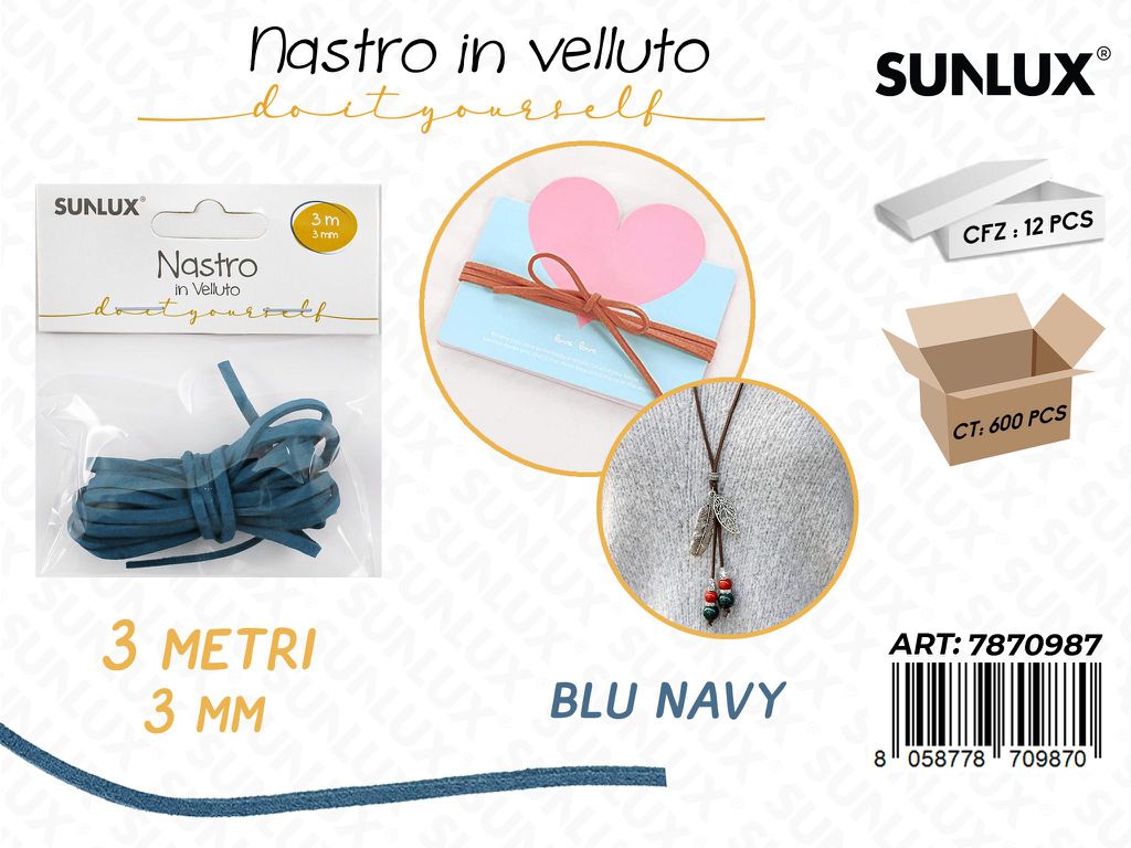 Sunlux Nastro in Velluto Blu Navy 3MM*3MT