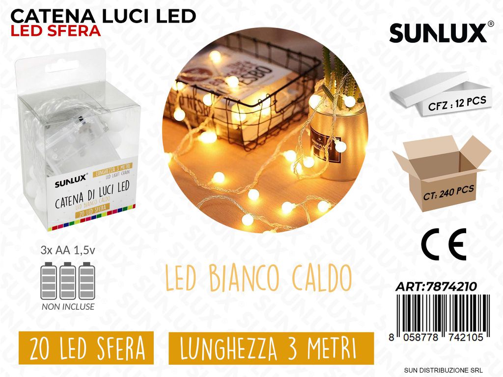 Catena Luci Led Bianco Caldo 20LED Sfera 3MT