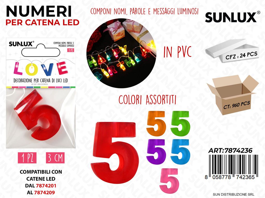 Numero 5 per Catena di Luci Led Col. Ass. 3CM