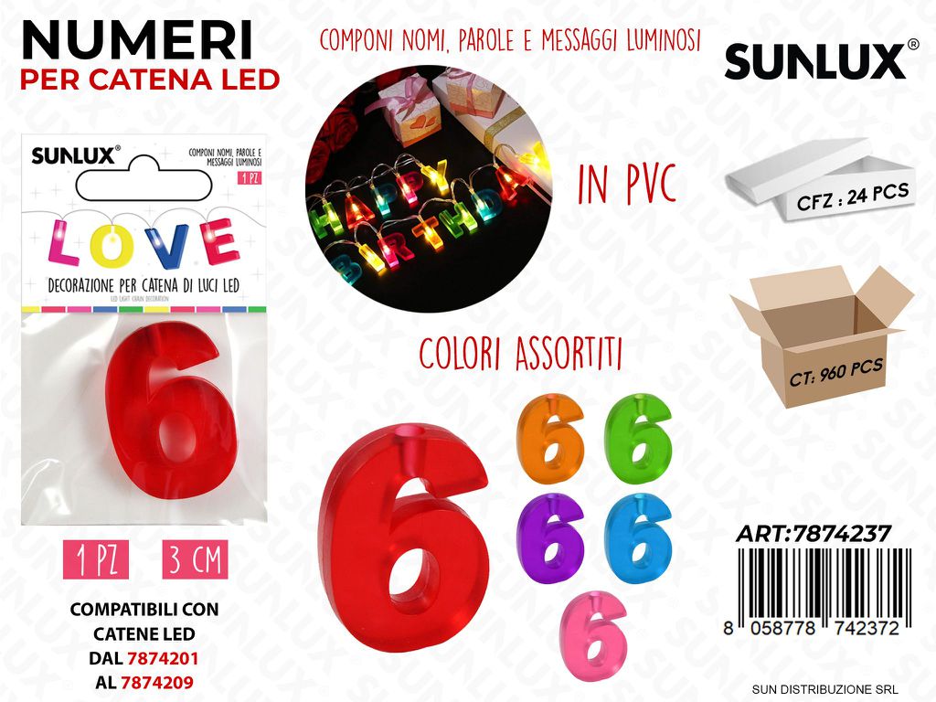 Numero 6 per Catena di Luci Led Col. Ass. 3CM