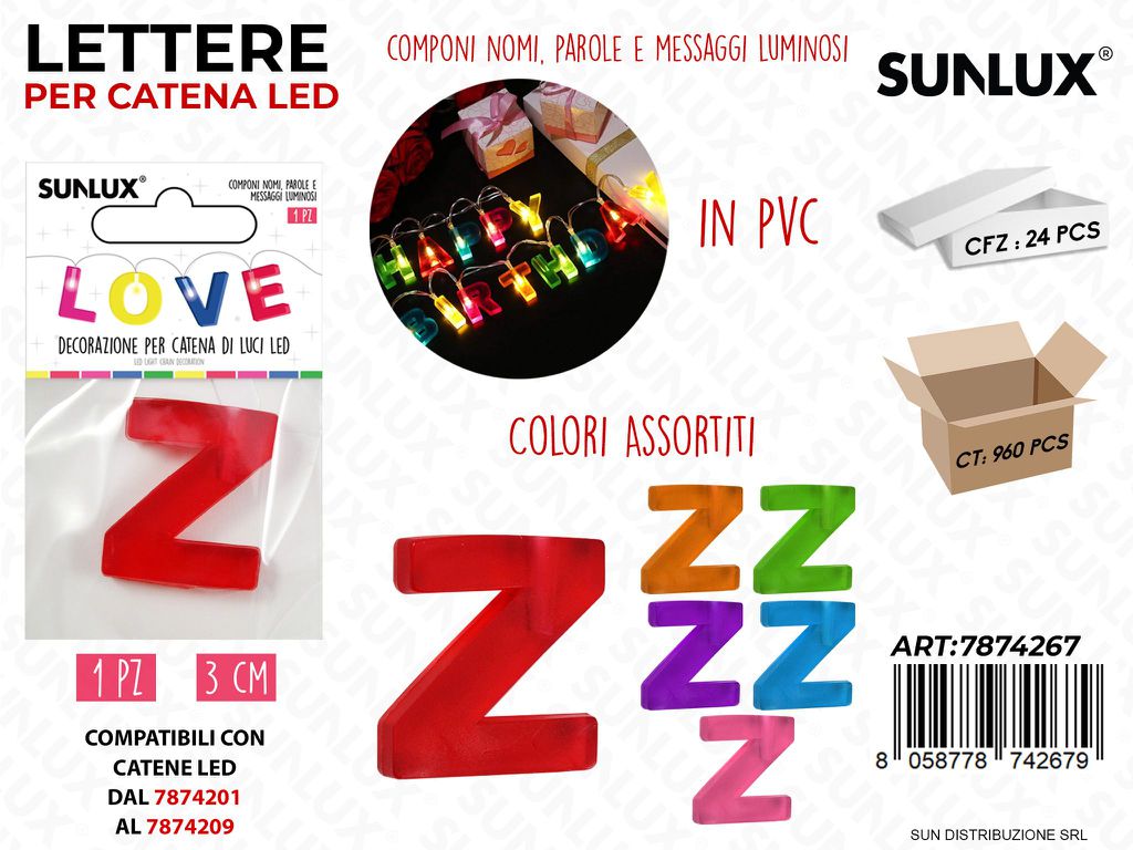 Lettera Z per Catena di Luci Led Col. Ass. 3CM