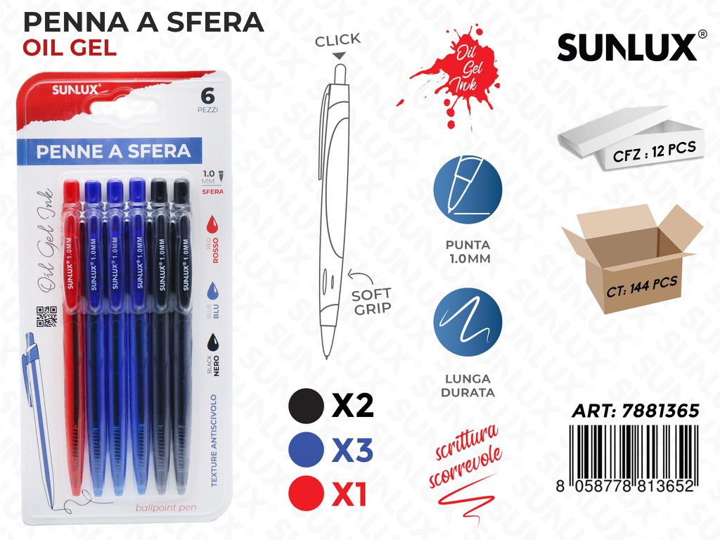 Bl. Penne a Sfera Oil Gel Col. Ass. 6PCS