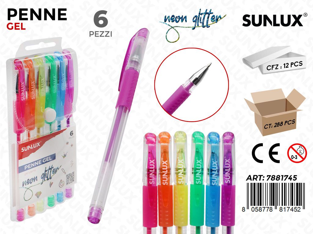 Sunlux Penne Gel Neon Glitter 6PCS