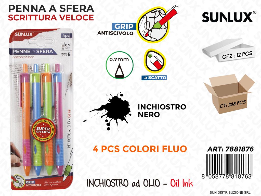 Penne a Sfera Fluo Ad Olio Inch. Nero 4PCS