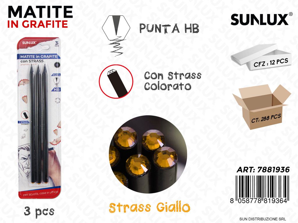 Matite in Grafite Hb c/ Strass Giallo 3PCS