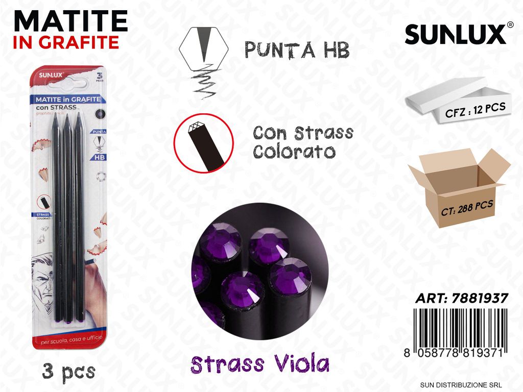 Matite in Grafite Hb c/ Strass Viola 3PCS