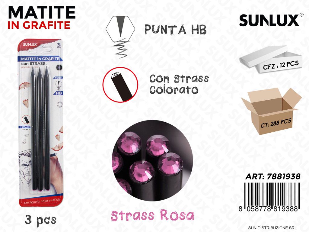 Matite in Grafite Hb c/ Strass Rosa 3PCS