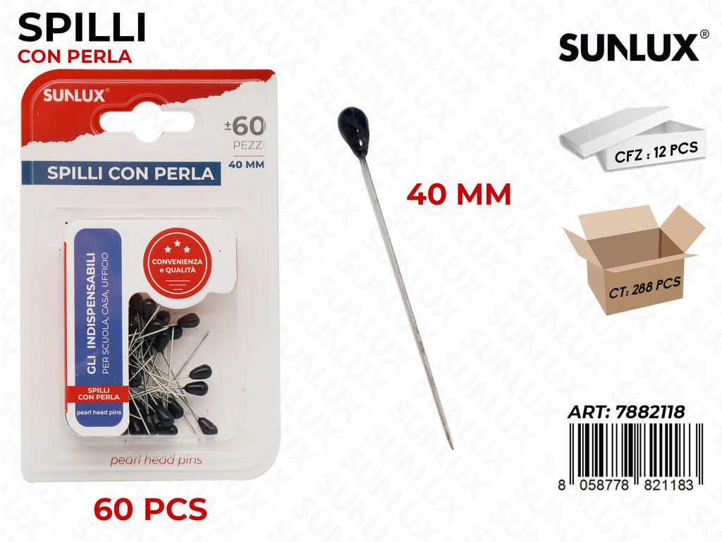 Bl. Spilli con Perla Nero 60PCS 40MM