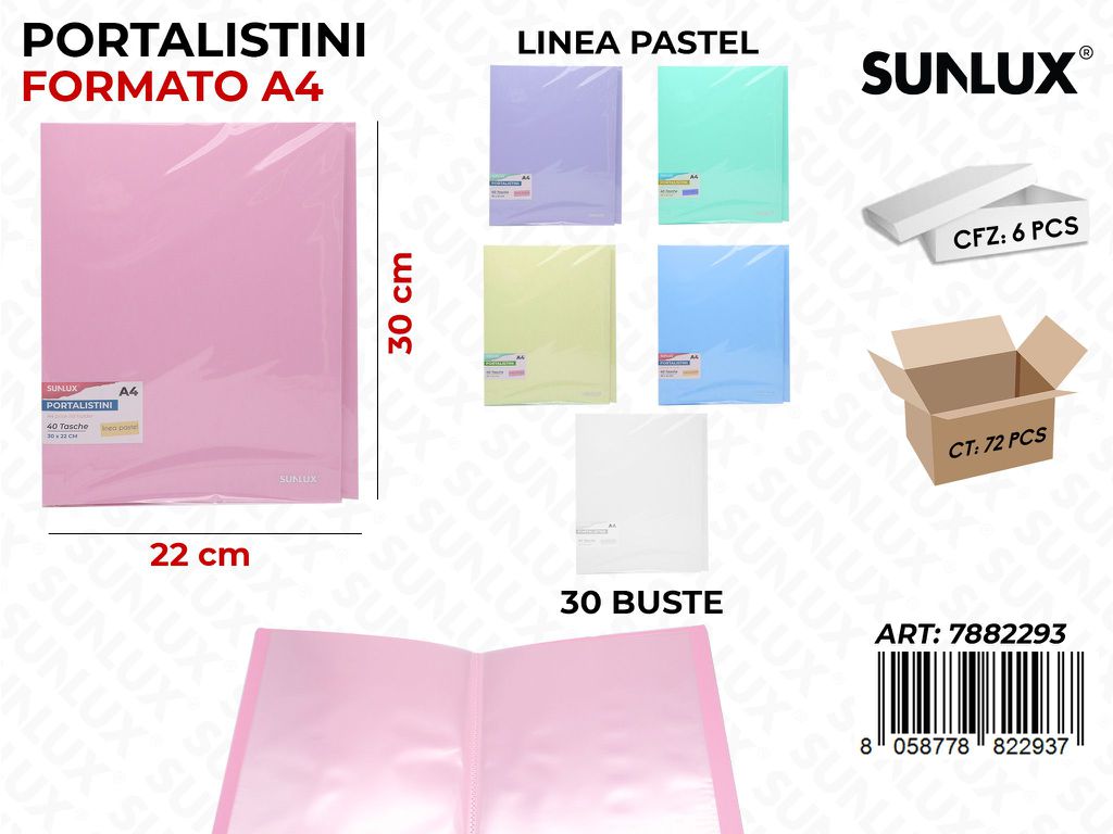 Portalistino 30BUSTE F.to A4 Col. Pastel