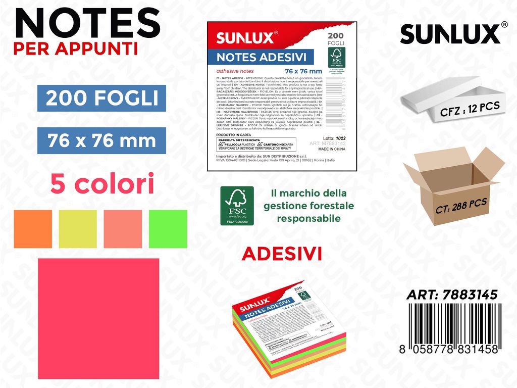 Notes Adesivi 5COL. X Bl. 200FF 76*76MM