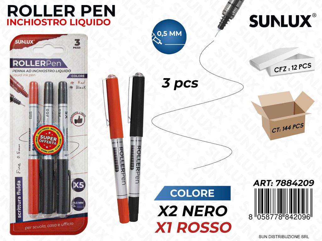 Bl. Roller Pen Inch. Liquido 2COL. 0.5MM 3PCS