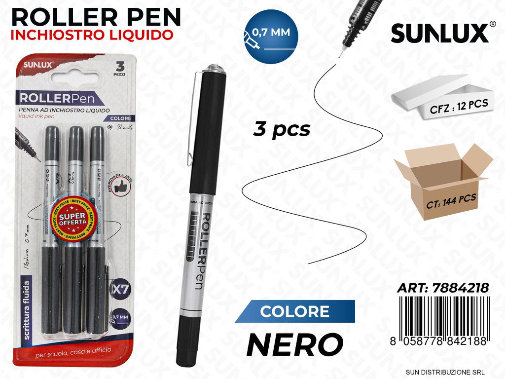Bl. Roller Pen Inch. Liquido 0.7MM 3PCS