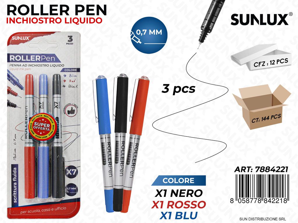 Bl. Roller Pen Inch. Liquido 3COL. 0.7MM 3PCS
