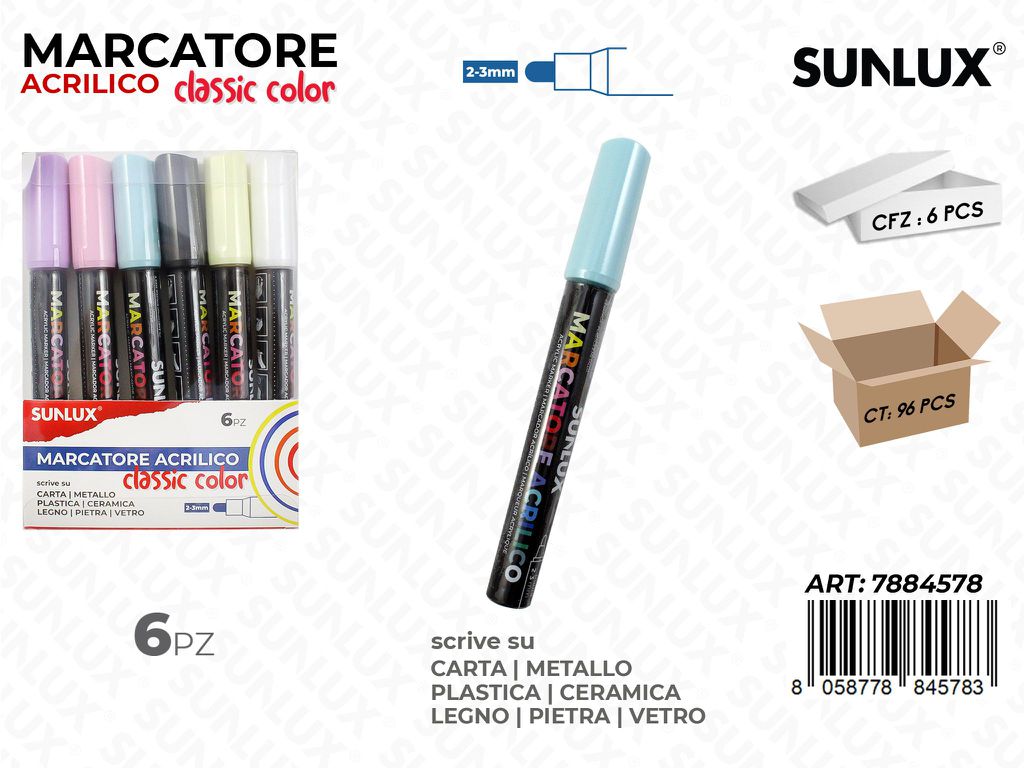 Marcatore Acrilico Col. Pastel 6PCS P. 2-3MM/ Pz da 6