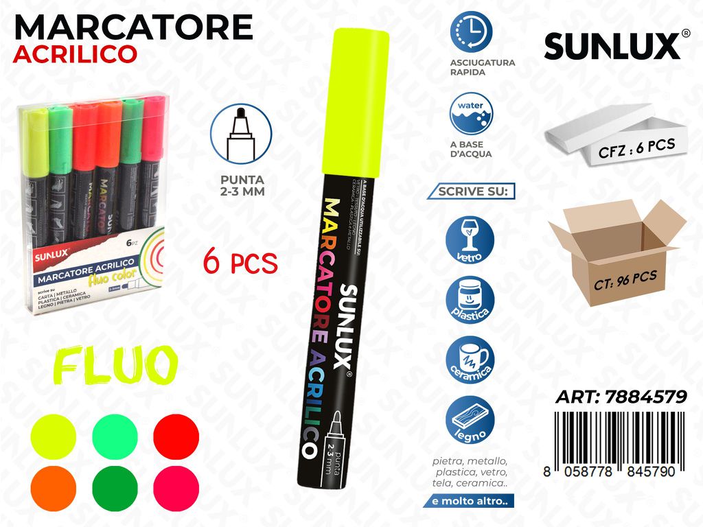 Marcatore Acrilico Col. Fluo 6PCS P. 2-3MM/ Pz da 6