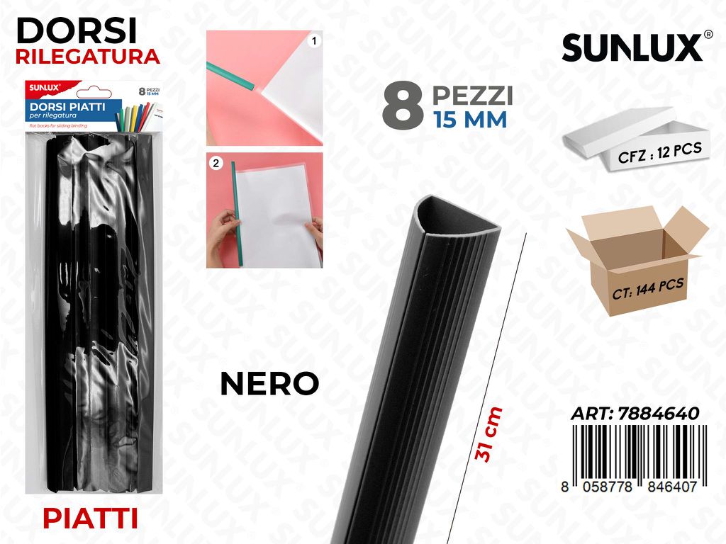 Sunlux Dorsi Piatti Rilegatura Nero 8PCS 15MM*31CM