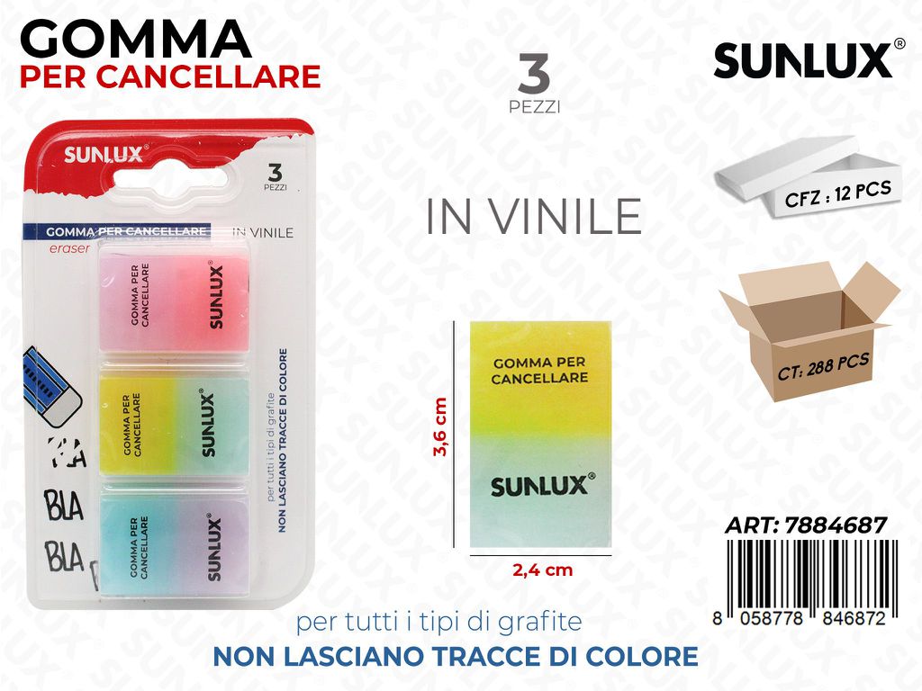 Sunlux Gomma per Cancellare 3PCS Ass. 2.4*3.6CM