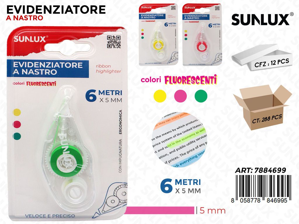 Sunlux Evidenziatore Fluo a Nastro 6MT*5MM