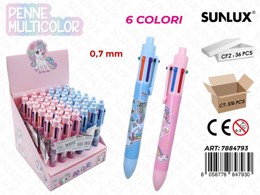 Penne Multicolor 6Col. Unicorno Ass. 0.7Mm