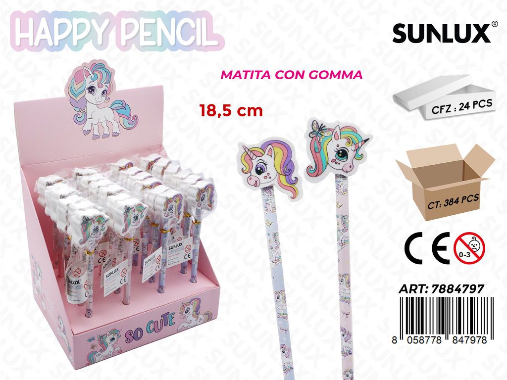 Happy Pencil Unicorno C/Gomma Ass. 18.5Cm