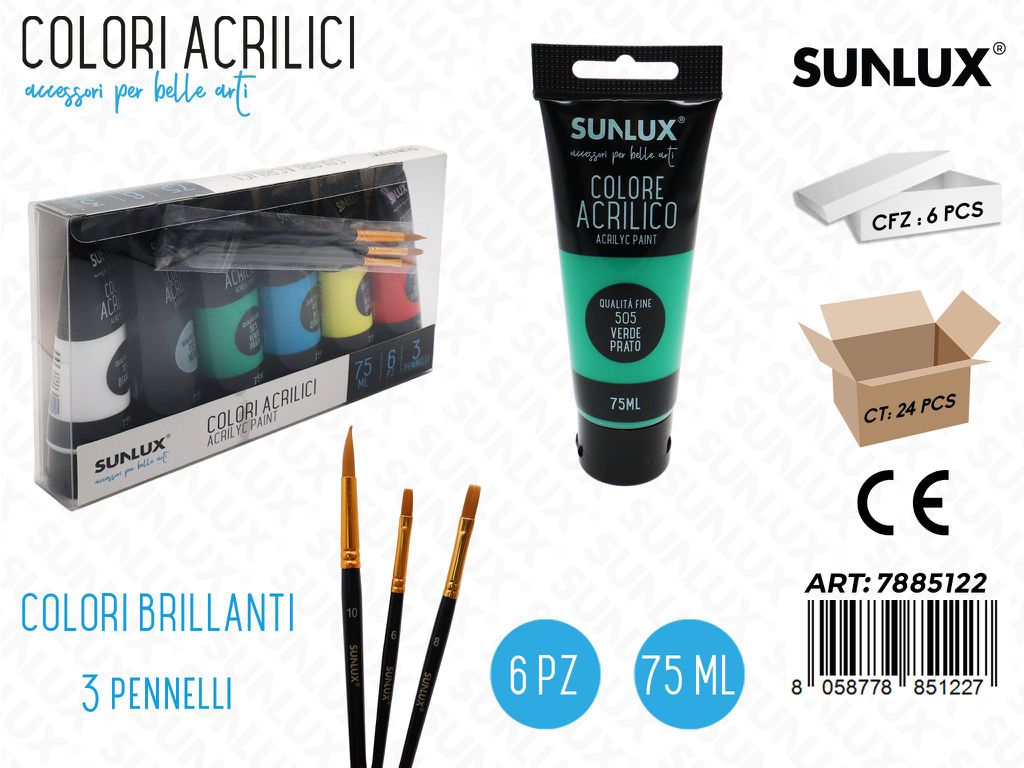 Sunlux Set Colori Acrilici c/ 3PENNELLI 6PCS 75ML