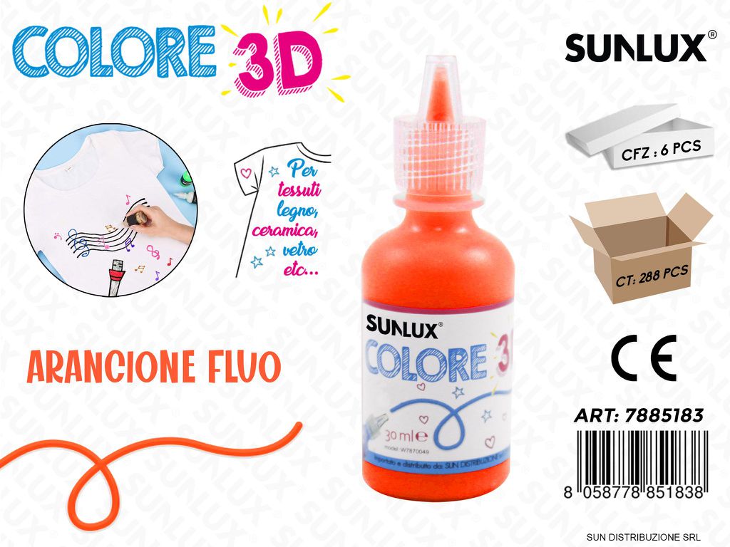 Colore per Tessuto in 3D Arancione Fluo 30ML / Pz da 6