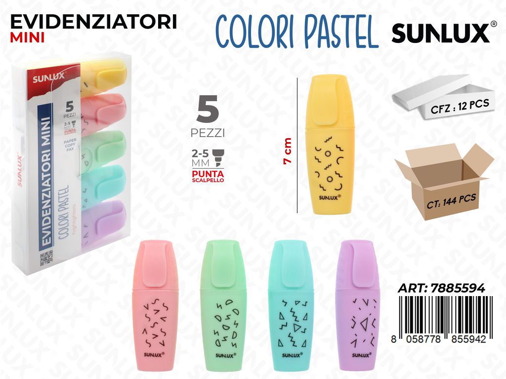 Sunlux Evidenziatori Mini 5PCS Pastel / Pz da 12