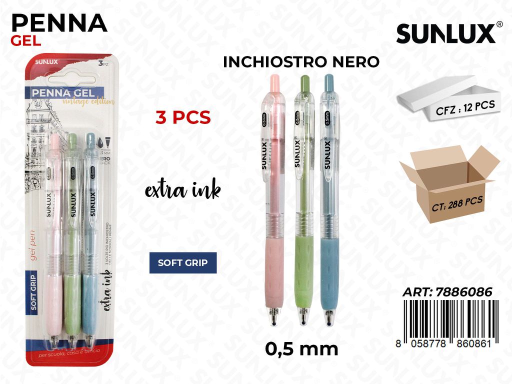 Penna Gel Col. Ass. Inch. Nero 3 Pcs