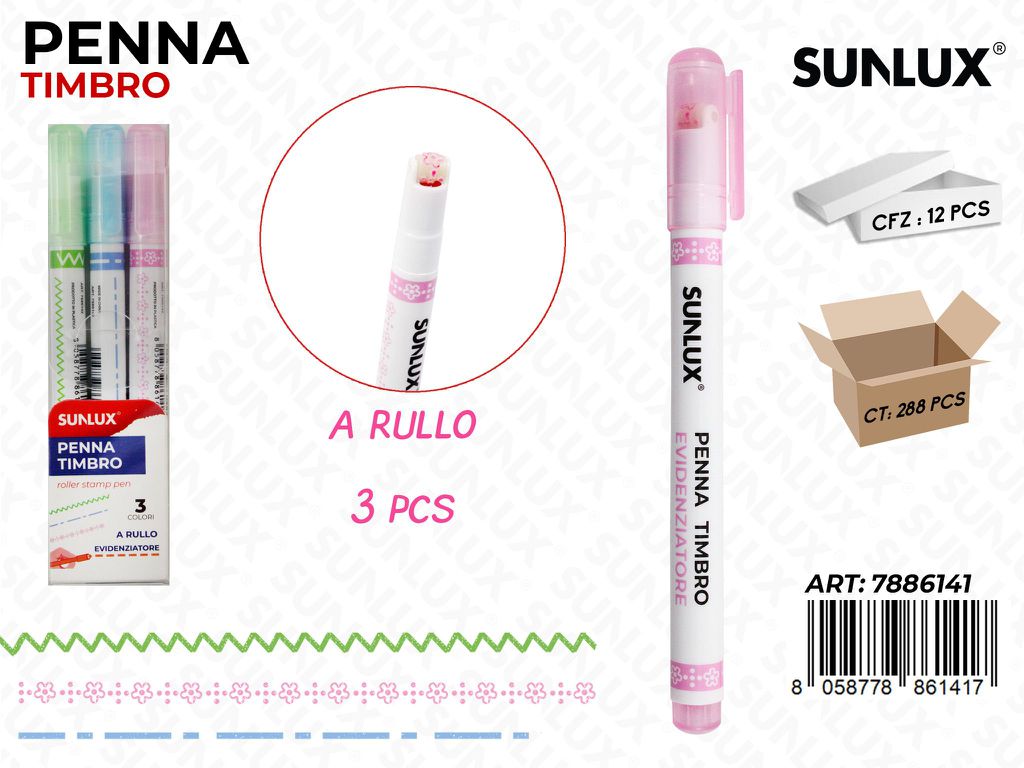 Sunlux Penna Timbro a Rullo 3PCS Ass.